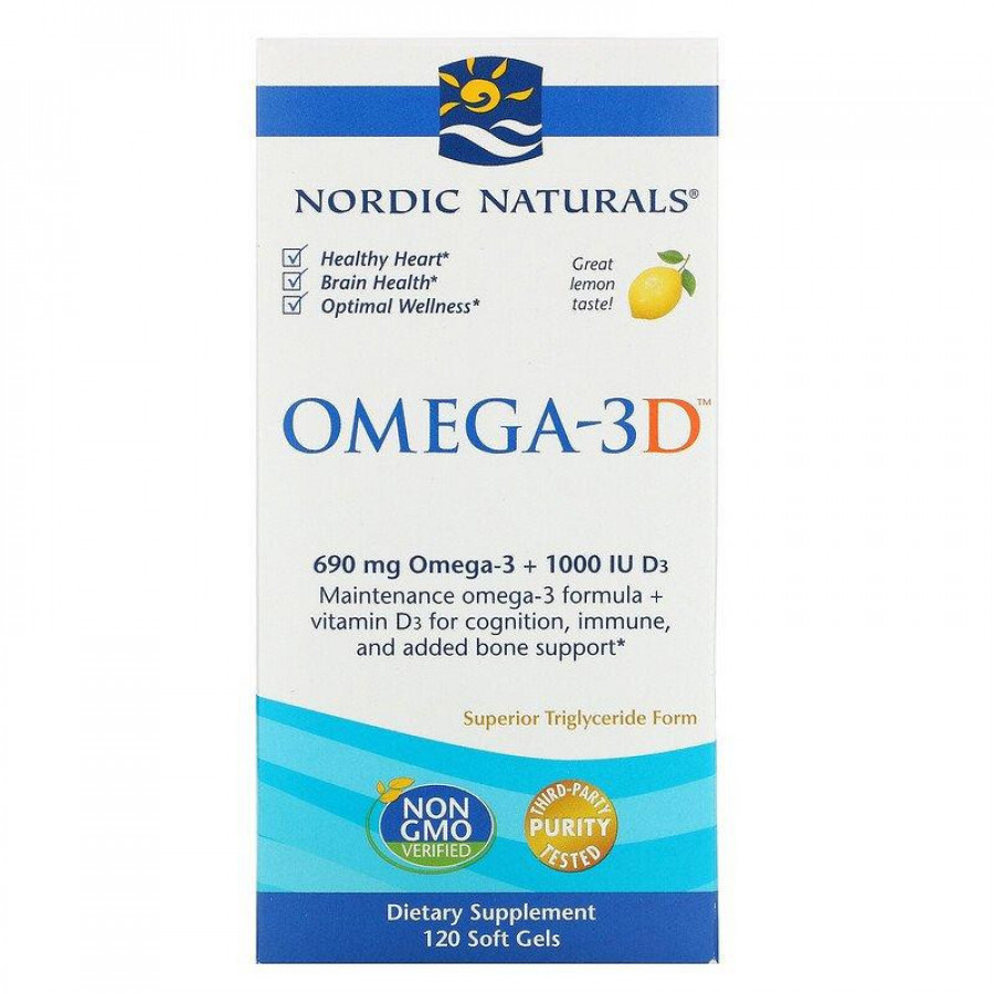 Омега-3D "Omega-3D", 690 мг, Nordic Naturals, вкус лимона, 120 капсул