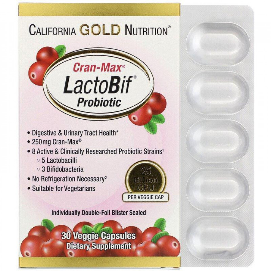 Пробиотики из клюквы, Cran-Max, LactoBif, California Gold Nutrition, 25 млрд КОЕ, 30 капсул