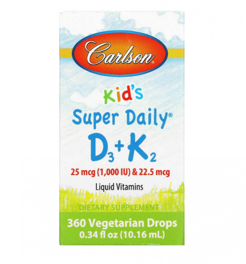 Super Daily D3+K2 для детей, 25 мкг (1000 МЕ) и 22,5 мкг, Carlson Labs, 10,16 мл
