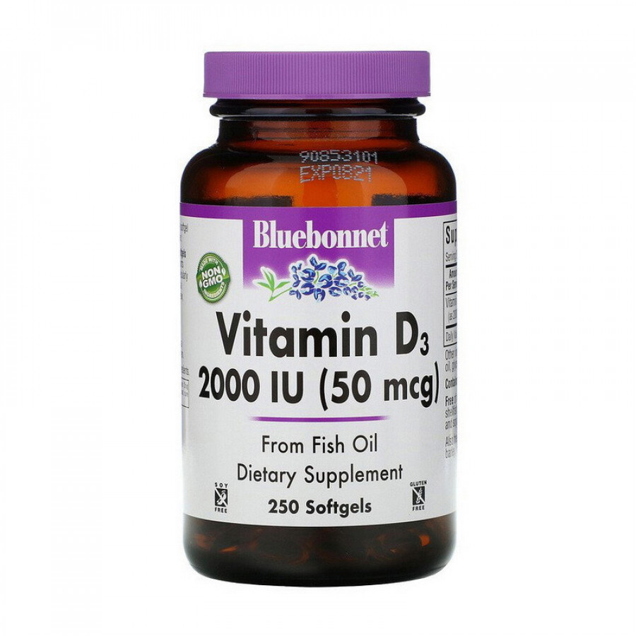 Витамин D3 "Vitamin D3" Bluebonnet Nutrition, 2000 МЕ, 250 желатиновых капсул