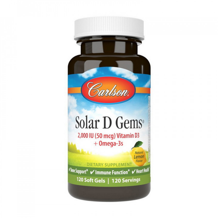 Solar D Gems, витамин D3 + омега-3 кислоты, лимон, 2000 МЕ, Carlson Labs, 120 капсул