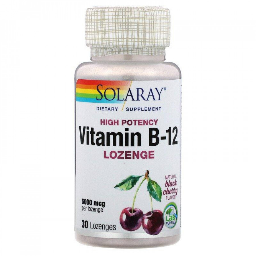 Витамин B12 "Vitamin B-12" 5000 мкг, со вкусом вишни, Solaray, 90 пастилок