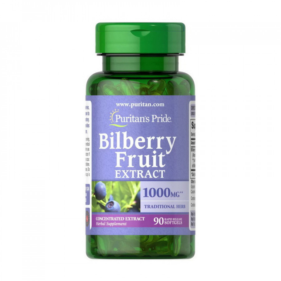 Экстракт черники "Bilberry Fruit Extract" Puritan's Pride, 1000 мг, 90 желатиновых капсул