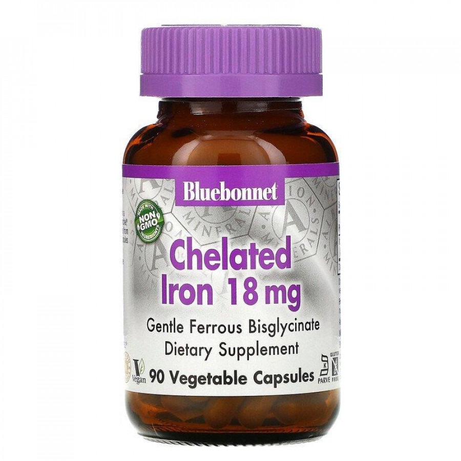Железо в хелатной форме "Chelated Iron" Bluebonnet Nutrition, 18 мг, 90 капсул